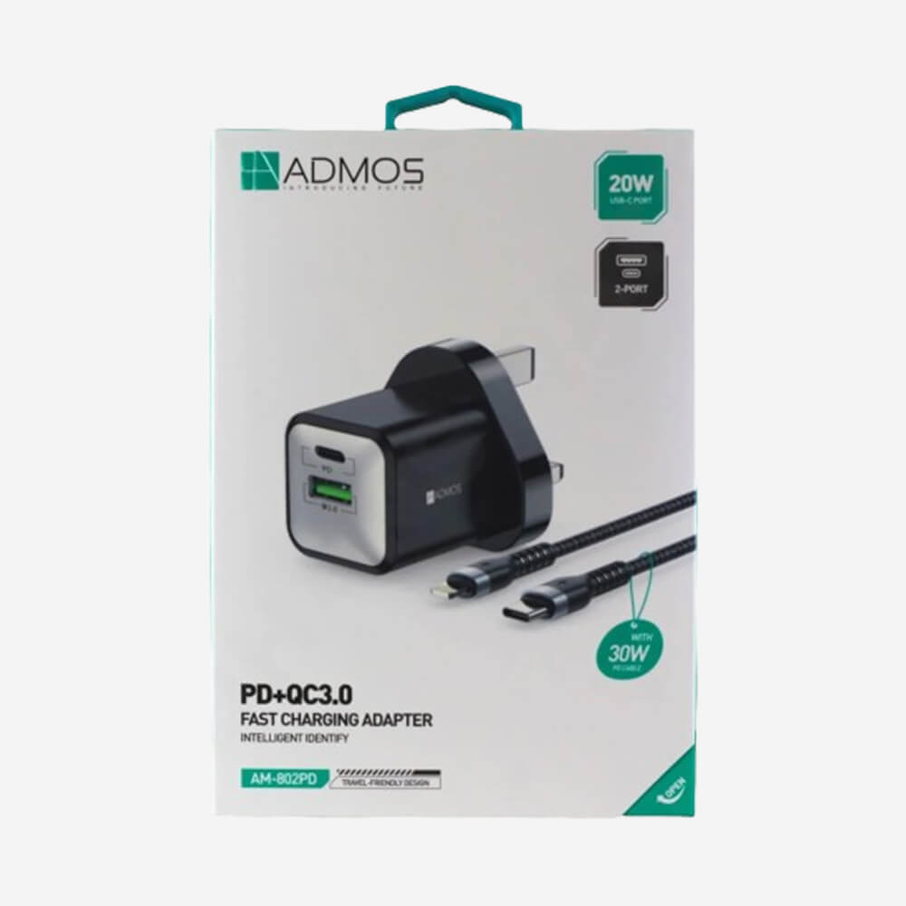 Admos 20W Type-C to Type-C Charger, Dual Port PD+QC 3.0 Adapter, 30W PD Cable, Admos Charger in Qatar