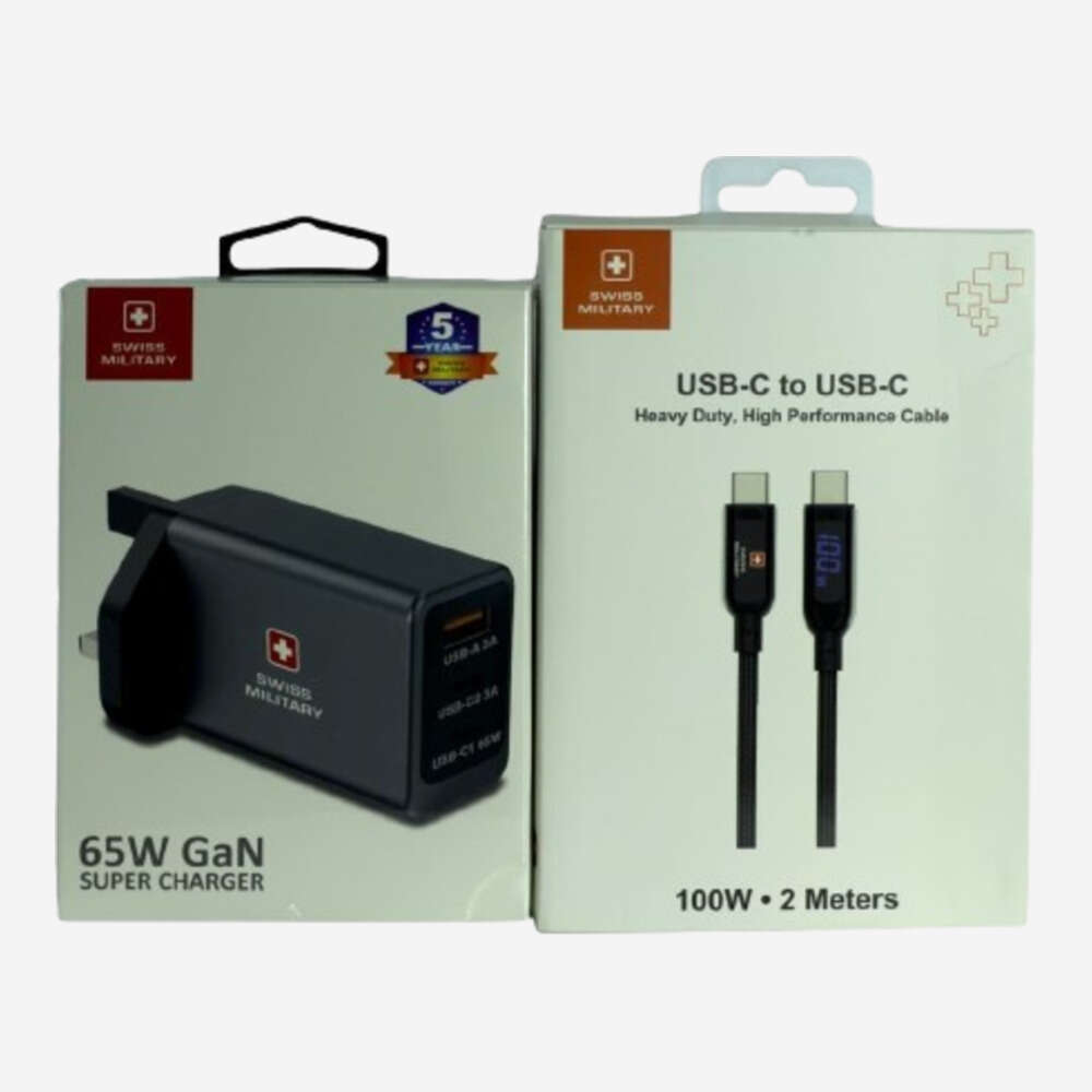 Swiss 65W GaN Super Charger with USB-C to USB-C Cable and Multiple Port Adapter